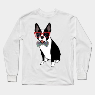 Boston Terrier Wearing Paisley Bowtie Long Sleeve T-Shirt